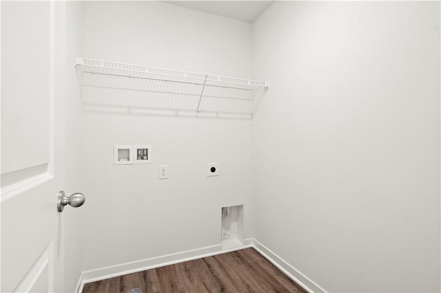 clothes washing area with dark wood-type flooring, washer hookup, and electric dryer hookup