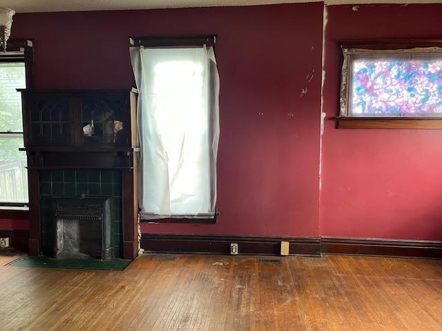 interior space featuring hardwood / wood-style floors and a fireplace