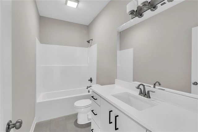 full bath featuring shower / tub combination, vanity, toilet, and tile patterned floors