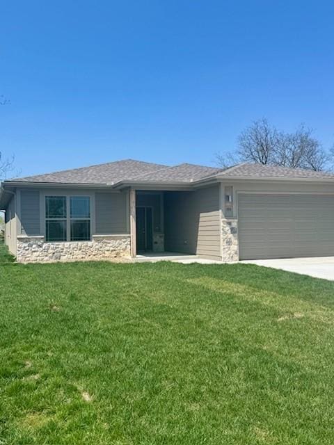 1110 Old Time Dr, Excelsior Springs, MO 64024 - view of front of house featuring an attached garage, stone siding, and a front lawn