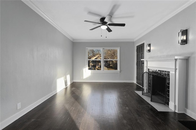 unfurnished living room featuring ceiling fan, ornamental molding, and dark hardwood / wood-style floors