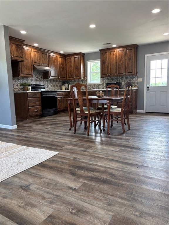 1202 NW County Road 6001, Butler, MO 64730 - kitchen with range, under cabinet range hood, dark wood finished floors, and recessed lighting
