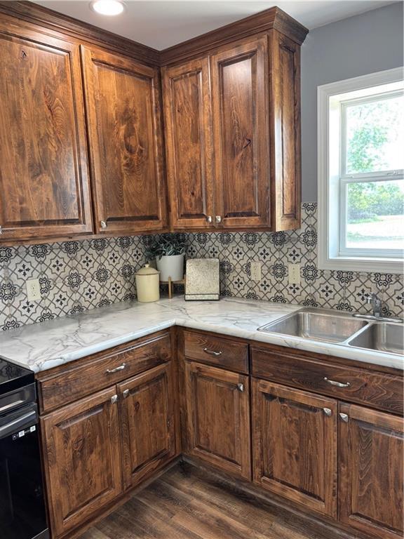 1202 NW County Road 6001, Butler, MO 64730 - kitchen with a sink, dark wood-style floors, tasteful backsplash, range, and light countertops