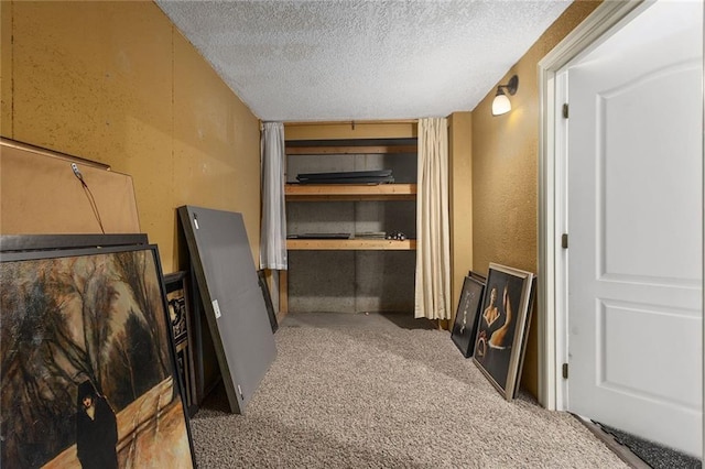 hall with a textured ceiling, a textured wall, and carpet