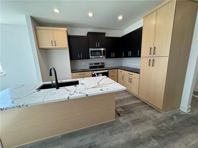 kitchen with dark wood finished floors, light brown cabinets, appliances with stainless steel finishes, and a sink