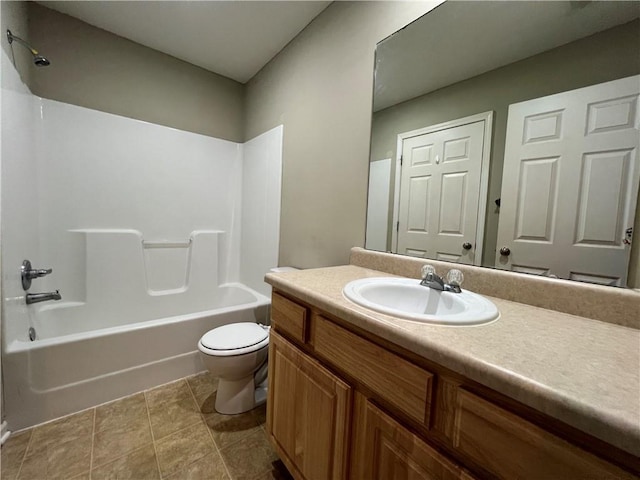 full bathroom with shower / bathtub combination, vanity, toilet, and tile patterned flooring