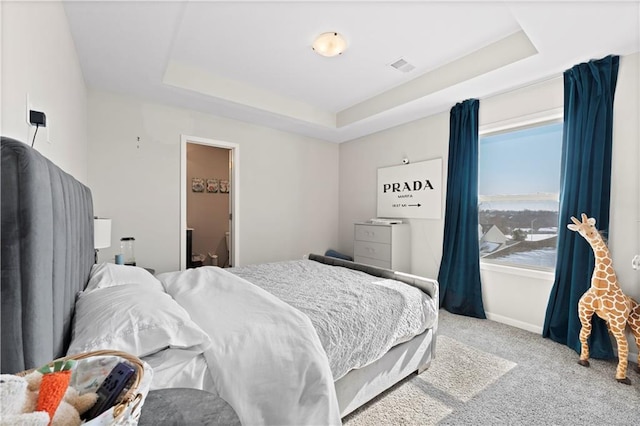 bedroom with carpet floors and a tray ceiling