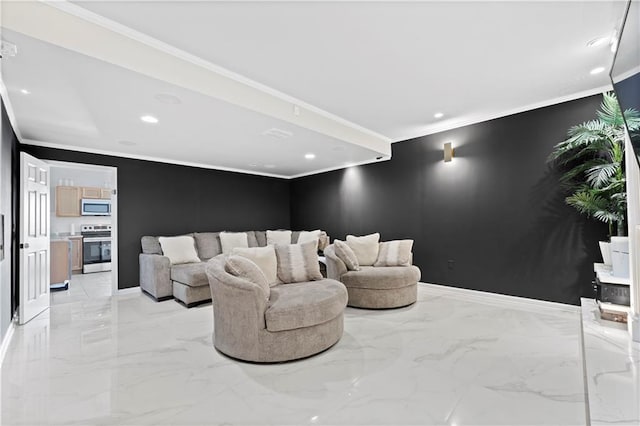 home theater room featuring ornamental molding