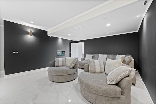 home theater room featuring ornamental molding