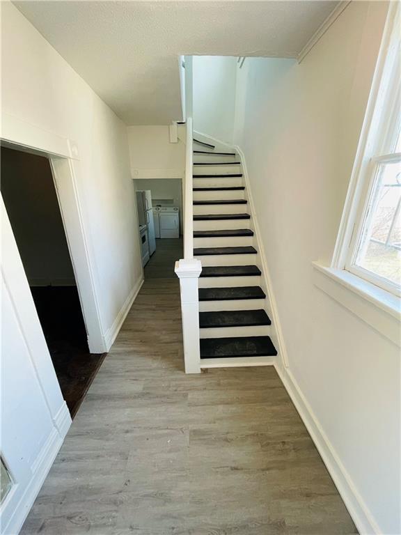 stairway with hardwood / wood-style flooring