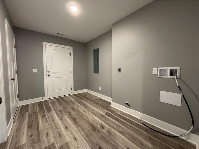 4909 S Creek Woods Dr, Saint Joseph, MO 64507 - laundry area featuring electric panel, electric dryer hookup, wood finished floors, and washer hookup