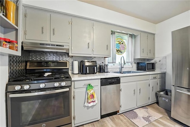 746 Salem Rd, Excelsior Springs, MO 64024 - kitchen featuring appliances with stainless steel finishes, under cabinet range hood, light countertops, light wood finished floors, and tasteful backsplash