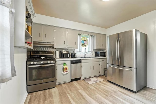 746 Salem Rd, Excelsior Springs, MO 64024 - kitchen with appliances with stainless steel finishes, under cabinet range hood, open shelves, and light wood-style flooring