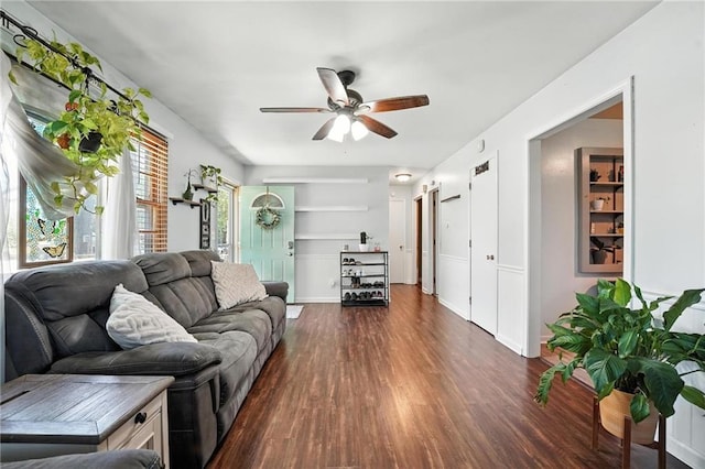 746 Salem Rd, Excelsior Springs, MO 64024 - living area featuring dark wood-style flooring and ceiling fan