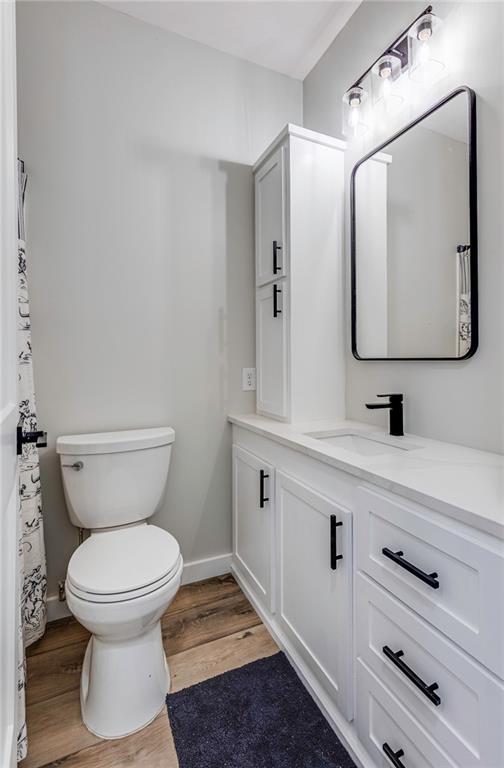 bathroom featuring hardwood / wood-style flooring, vanity, and toilet