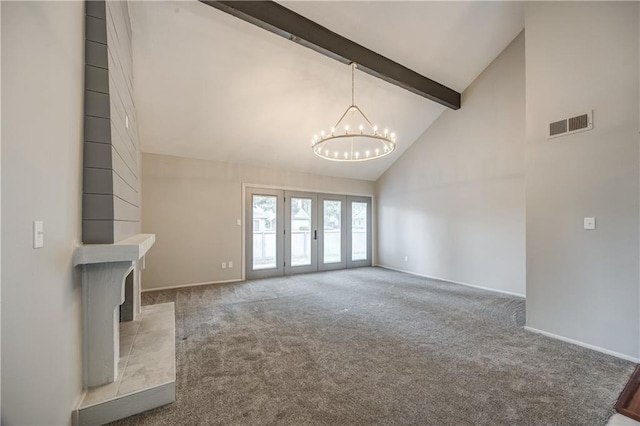 unfurnished living room with a notable chandelier, carpet floors, high vaulted ceiling, and beamed ceiling