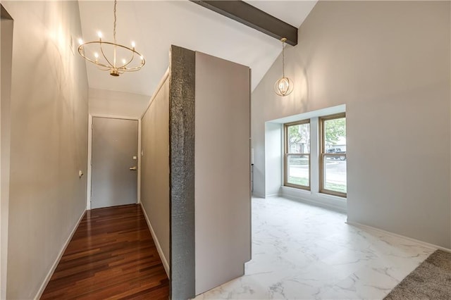 hallway featuring an inviting chandelier, high vaulted ceiling, and beamed ceiling