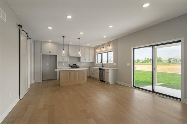 2327 Fishing Ln, Kearney, MO 64060 - kitchen with a barn door, stainless steel appliances, light wood-type flooring, a sink, and light countertops