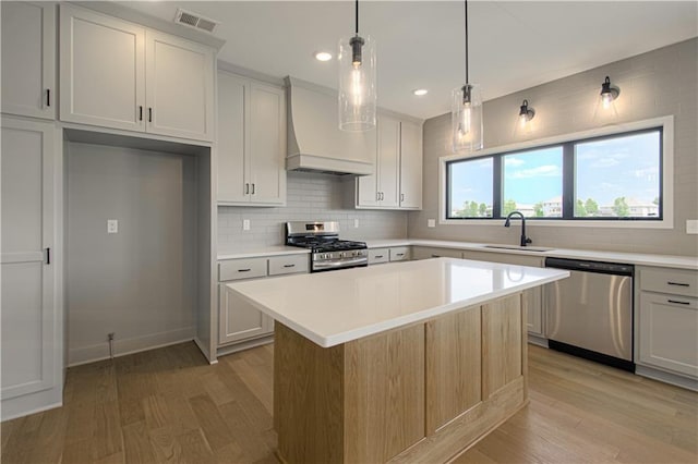 2327 Fishing Ln, Kearney, MO 64060 - kitchen featuring stainless steel appliances, custom exhaust hood, light wood-type flooring, a sink, and light countertops
