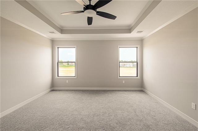 2327 Fishing Ln, Kearney, MO 64060 - carpeted empty room with a tray ceiling, plenty of natural light, ornamental molding, and a ceiling fan