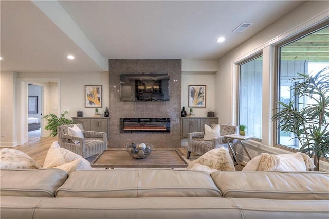 living room featuring wood-type flooring, a wealth of natural light, and a fireplace