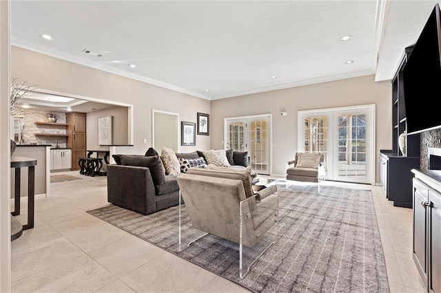 living area with french doors, recessed lighting, light tile patterned flooring, and crown molding