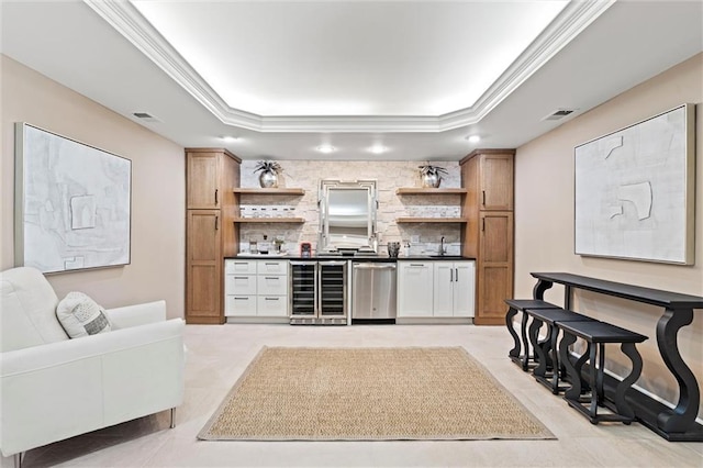 4101 W 123rd St, Leawood, KS 66209 - indoor wet bar with wine cooler, dishwasher, a tray ceiling, tasteful backsplash, and recessed lighting