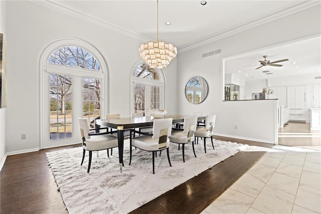 4101 W 123rd St, Leawood, KS 66209 - dining area featuring crown molding, a chandelier, ceiling fan, and recessed lighting
