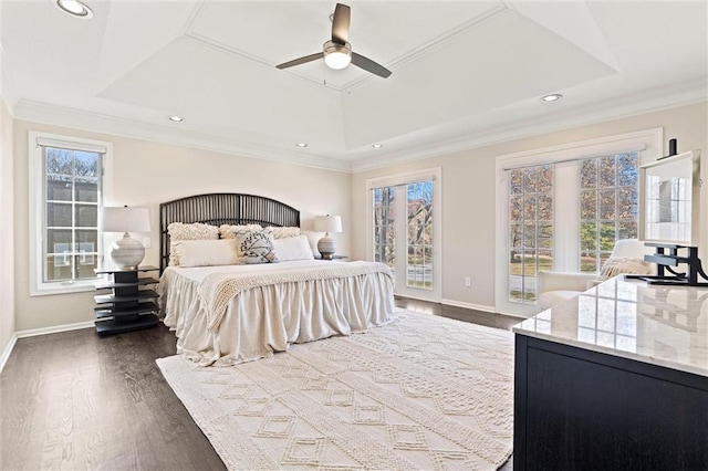 4101 W 123rd St, Leawood, KS 66209 - bedroom featuring a tray ceiling, dark wood-style floors, recessed lighting, ornamental molding, and ceiling fan