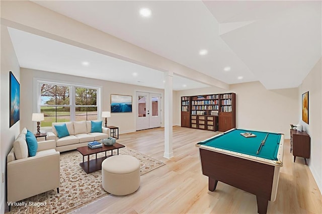 1013 S Main St, Holden, MO 64040 - rec room featuring light wood-type flooring, billiards table, french doors, and recessed lighting