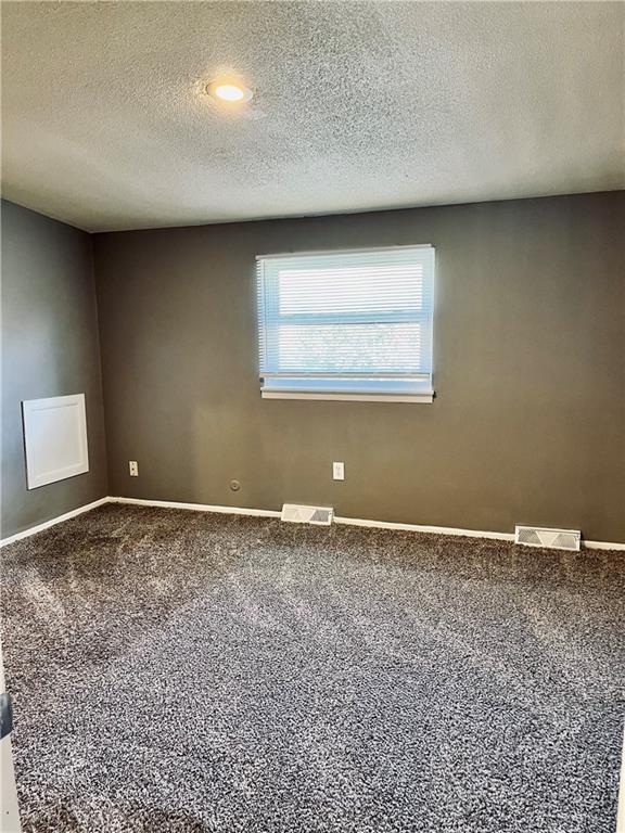 empty room with a textured ceiling and carpet flooring