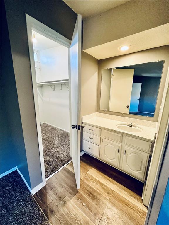 bathroom featuring hardwood / wood-style flooring and vanity