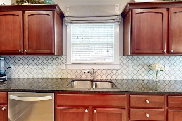 kitchen featuring decorative backsplash, dark stone countertops, dishwasher, and a sink