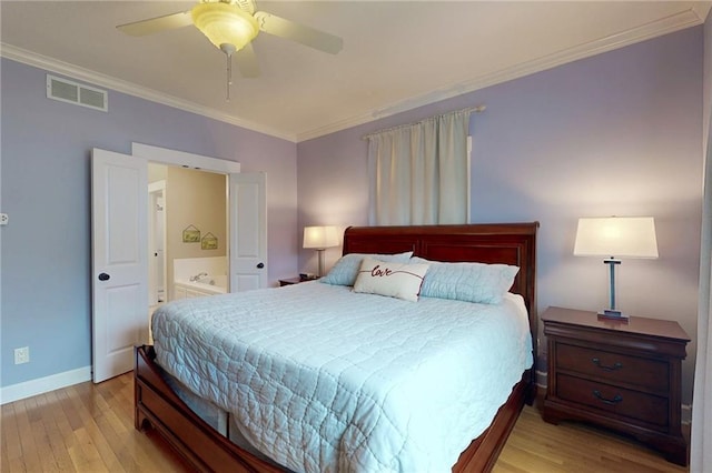 bedroom with crown molding, visible vents, a ceiling fan, light wood-type flooring, and baseboards