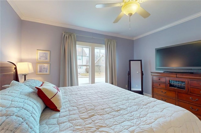 bedroom featuring baseboards, a ceiling fan, and crown molding