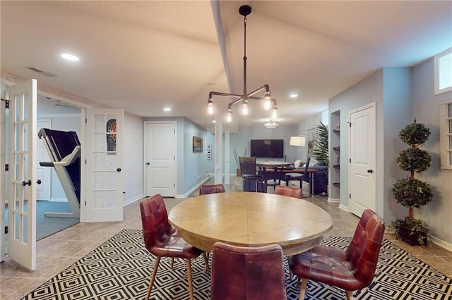 dining space featuring light tile patterned floors, recessed lighting, baseboards, and french doors