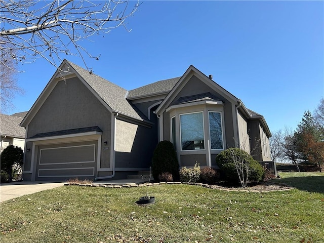 ranch-style home with a front lawn, a garage, driveway, and stucco siding