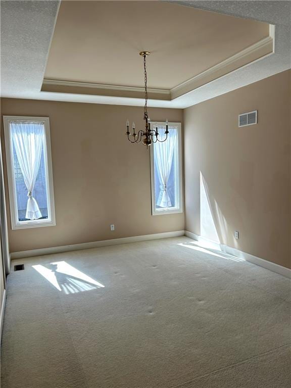 carpeted spare room featuring a tray ceiling, a healthy amount of sunlight, visible vents, and baseboards