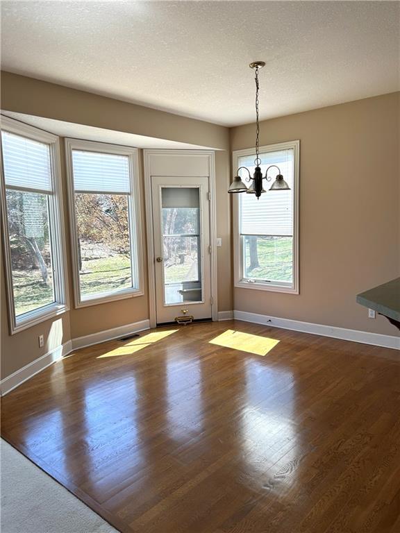 unfurnished dining area featuring a textured ceiling, baseboards, and dark wood-style flooring