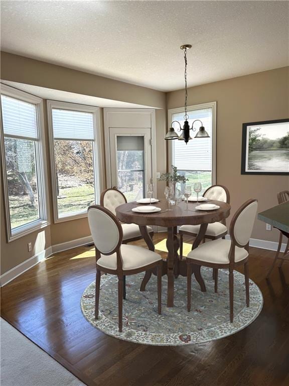 dining room with dark wood-type flooring, a wealth of natural light, and a textured ceiling