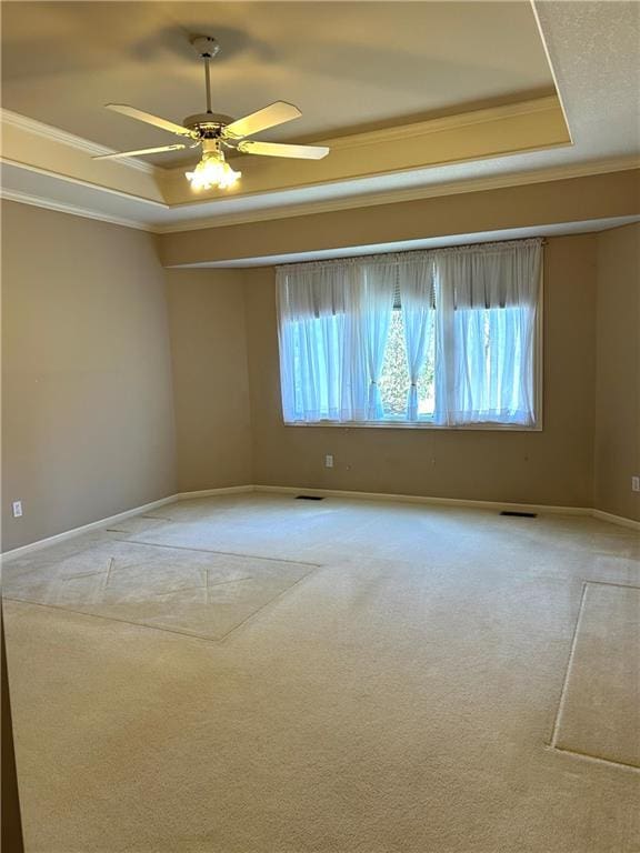 unfurnished room with a tray ceiling, light colored carpet, and a healthy amount of sunlight