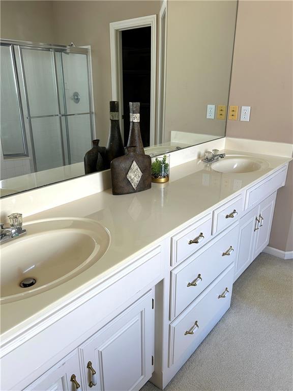 full bath featuring double vanity, a stall shower, and a sink