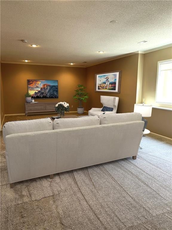 carpeted living area featuring crown molding, baseboards, and a textured ceiling