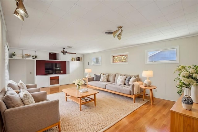 living room featuring healthy amount of natural light, a ceiling fan, and light wood-style flooring