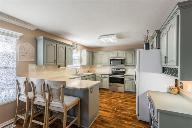 kitchen featuring dark wood finished floors, a breakfast bar area, stainless steel appliances, a sink, and a peninsula