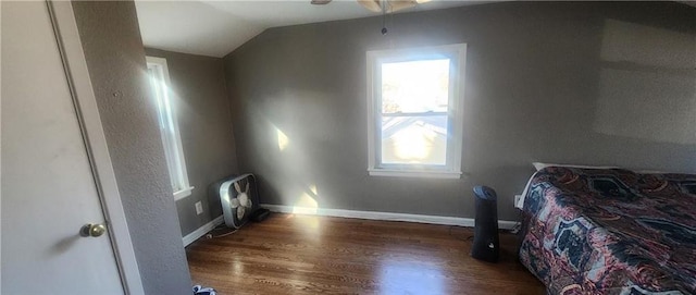 bedroom featuring lofted ceiling and dark wood-type flooring