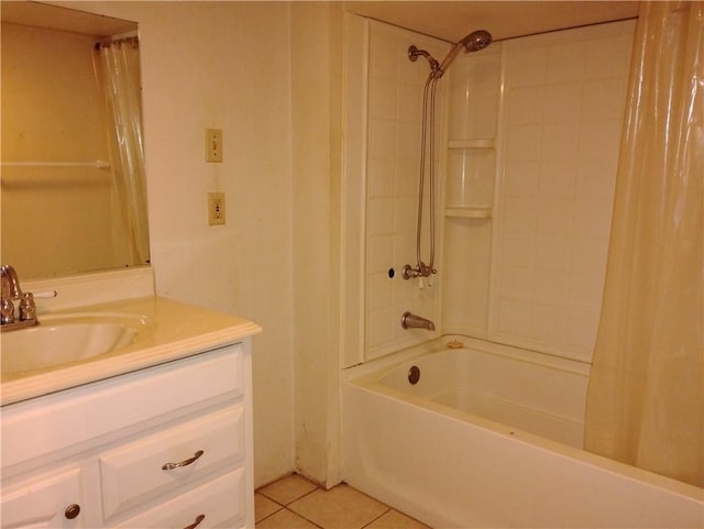 bathroom with shower / tub combo with curtain, tile patterned floors, and vanity