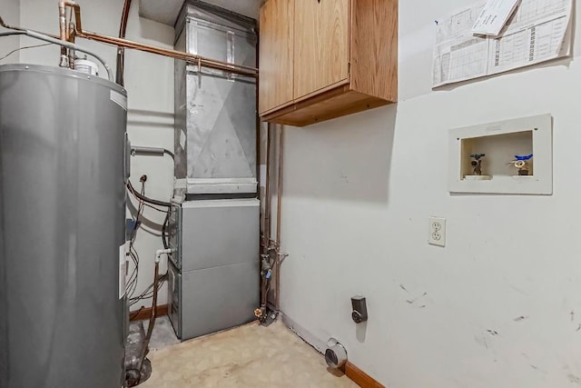 clothes washing area featuring washer hookup, electric water heater, cabinets, and hookup for an electric dryer