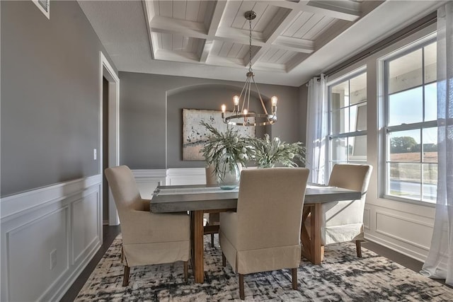 dining area with beamed ceiling, dark hardwood / wood-style flooring, coffered ceiling, and a chandelier