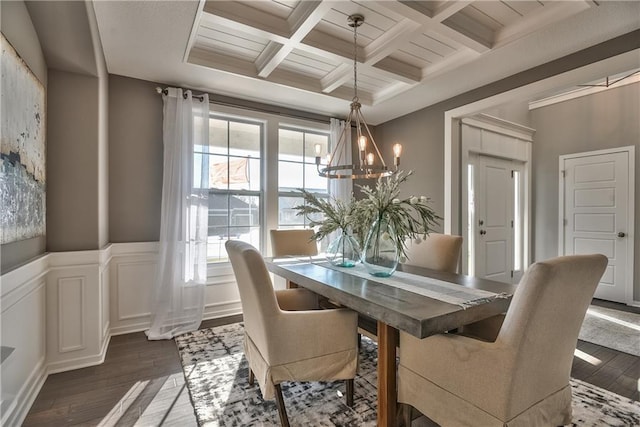 dining space with coffered ceiling, dark hardwood / wood-style flooring, beam ceiling, and a notable chandelier